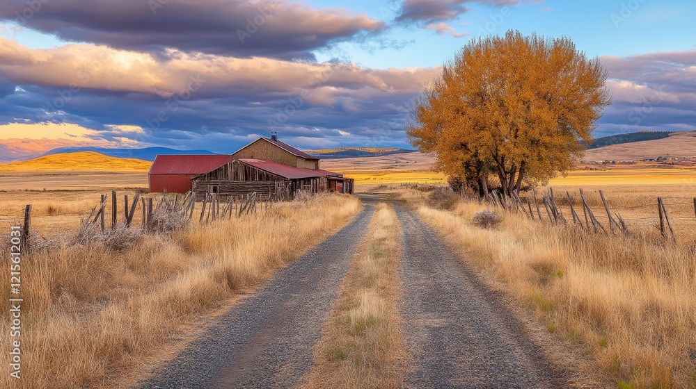 Fototapeta premium Rustic Farm Building Autumn Landscape Road Scene