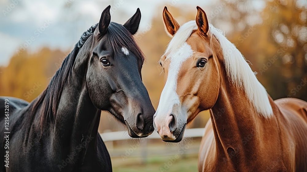 Fototapeta premium Horses nuzzle each other in a serene pasture during golden hour in autumn