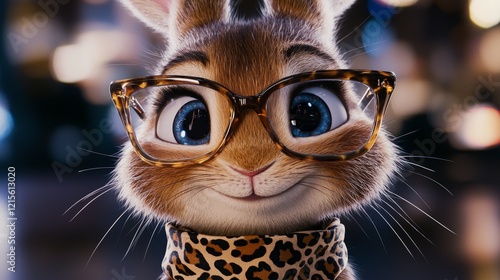 Charming bunny character with an expressive face, a leopard-print bandana tied jauntily and sleek glasses adding a touch of sophistication photo