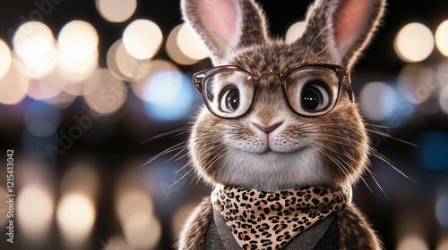 Charming bunny character with an expressive face, a leopard-print bandana tied jauntily and sleek glasses adding a touch of sophistication photo