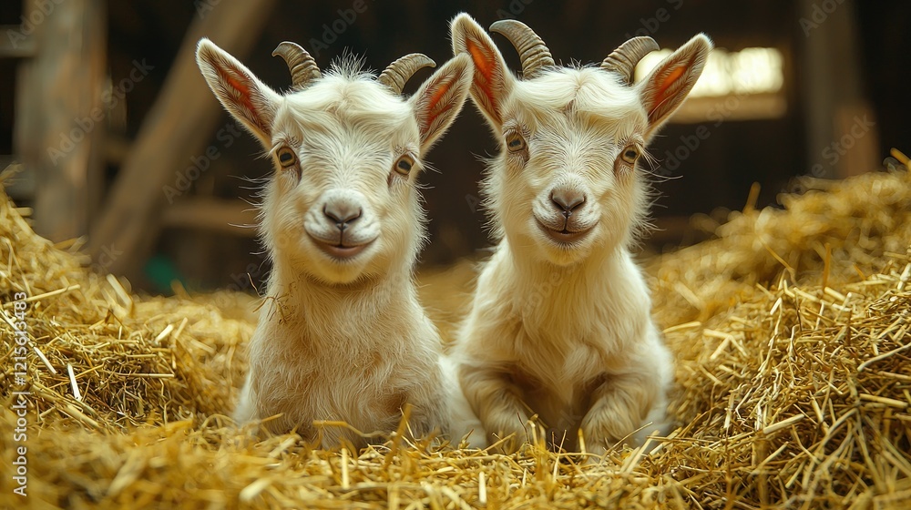 Fototapeta premium Two Adorable Baby Goats Smiling In Hay