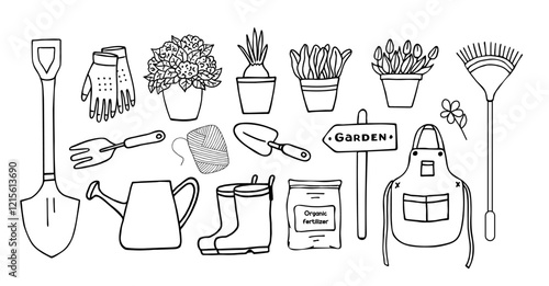 Set of hand-drawn gardening items. Potted flowers, gardening tools for spring work, gloves and a garden pointer. Vector linear doodle illustration in doodle style. Suitable for coloring, printing.