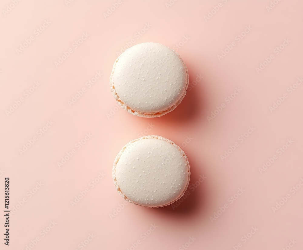 Obraz premium Two white macarons on soft pink background with minimalist aesthetic