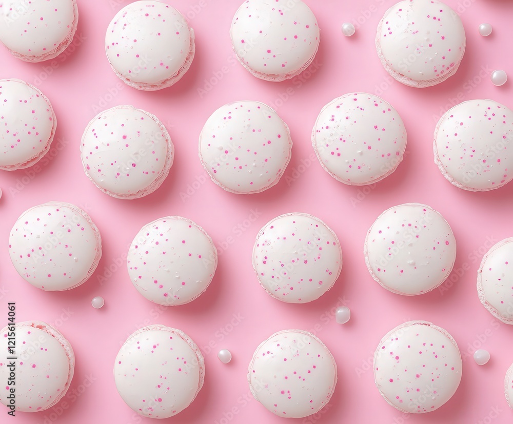 White macarons with pink sprinkles on pastel pink background White macarons with pink sprinkles on pastel pink background