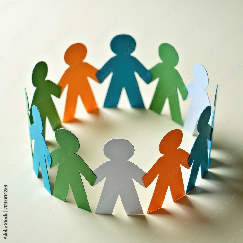 Colorful paper figures holding hands in a circle, symbolizing unity and teamwork. Colorful paper figures holding hands in a circle, symbolizing unity and teamwork.