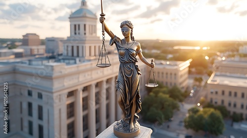 Lady Justice statue sunset city courthouse legal