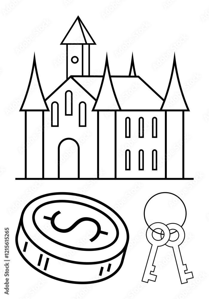 Obraz premium Castle with towers, large coin with dollar sign, and two vintage keys. Ideal for wealth, investment, real estate, security, ownership medieval themes architectural themes. Line metaphor
