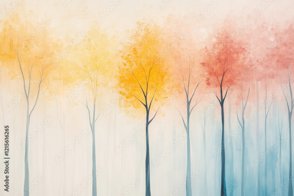 Obraz premium Minimalist autumn trees with glowing pastel colors, evoking a peaceful and dreamy atmosphere.