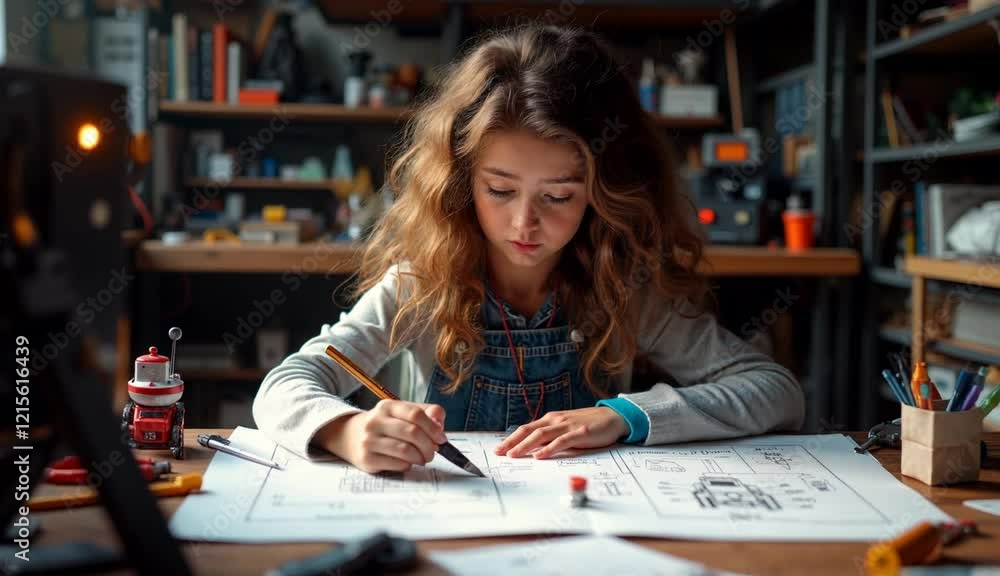 Young girl concentrating on drawing at table in creative workspace with copy space, Inspiring young girls
Young girl concentrating on drawing at table in creative workspace with copy space, Inspiring young girls