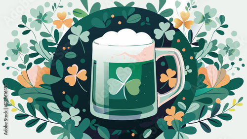 Festive green beer with shamrock wreath decoration. Concept of irish pub, celebration, st patricks bar.