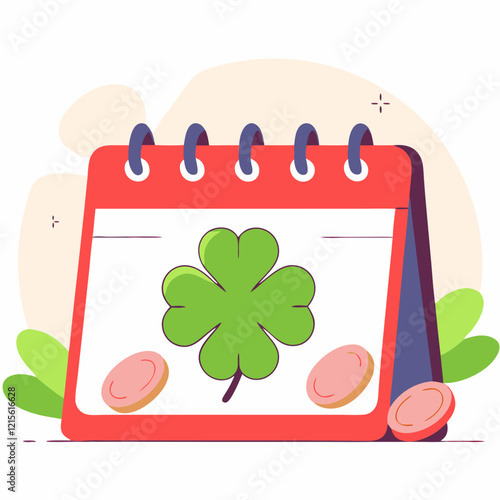 Calendar with lucky clover and gold coins. Concept of event planning, holiday celebration, irish calendar design.
