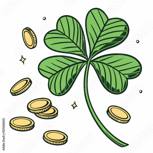 Four-leaf clover with falling gold coins in retro style. Concept of fortune, irish folklore, lucky charms.