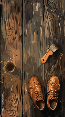 Shining Leather Shoes with Brush and Polish on Rustic Wooden Surface