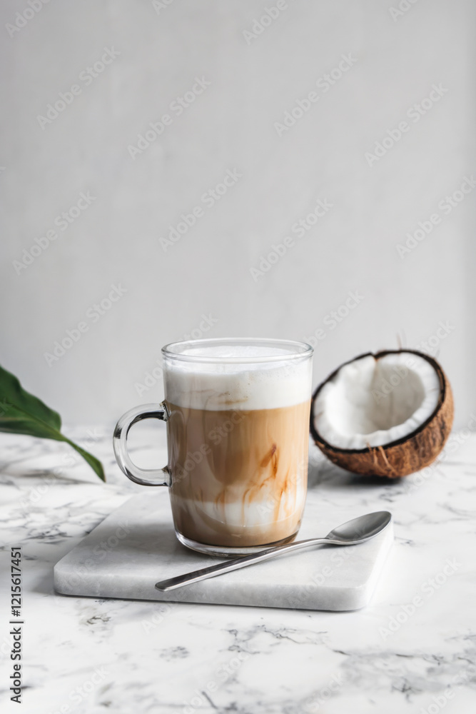 Glass cup containing a coffee latte made with coconut milk, placed on a marble surface. Glass cup containing a coffee latte made with coconut milk, placed on a marble surface.