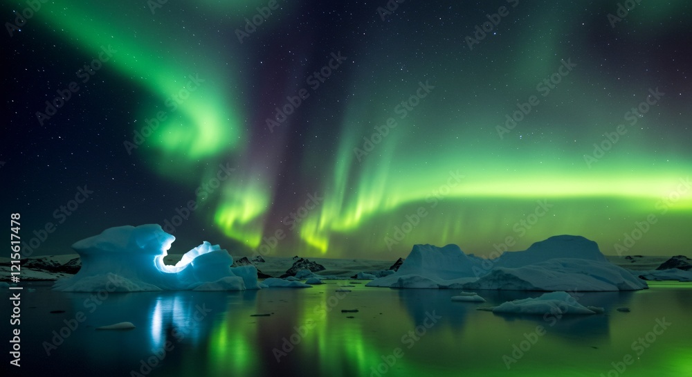 Naklejka premium A serene arctic landscape with glowing icebergs and a shimmering aurora in the sky