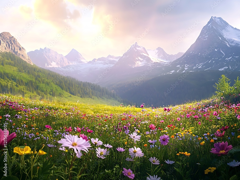 Obraz premium A wide-angle shot of a flower-filled meadow nestled in a mountain valley, with flowers in full bloom.