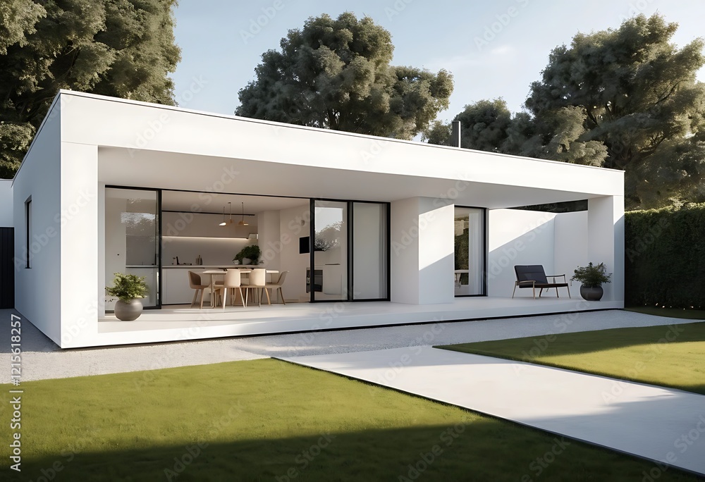 Modern Minimalist White House Surrounded by Lush Greenery Modern Minimalist White House Surrounded by Lush Greenery