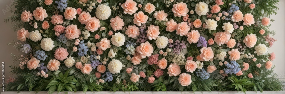 Artificial flower wall with pastel colors and greenery, in a vintage-inspired setting, antique style, soft colors, greenery backdrop Artificial flower wall with pastel colors and greenery, in a vintage-inspired setting, antique style, soft colors, greenery backdrop