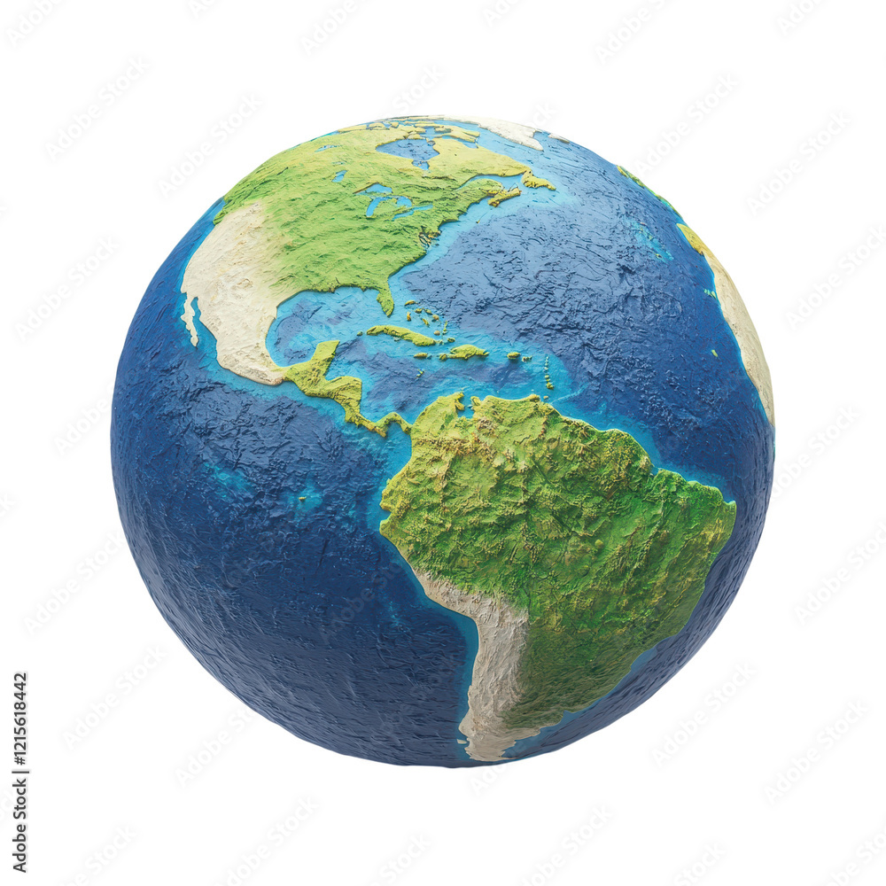 Fototapeta premium A detailed globe showing the continents, oceans, and topographical features of Earth, Transparent Background.
