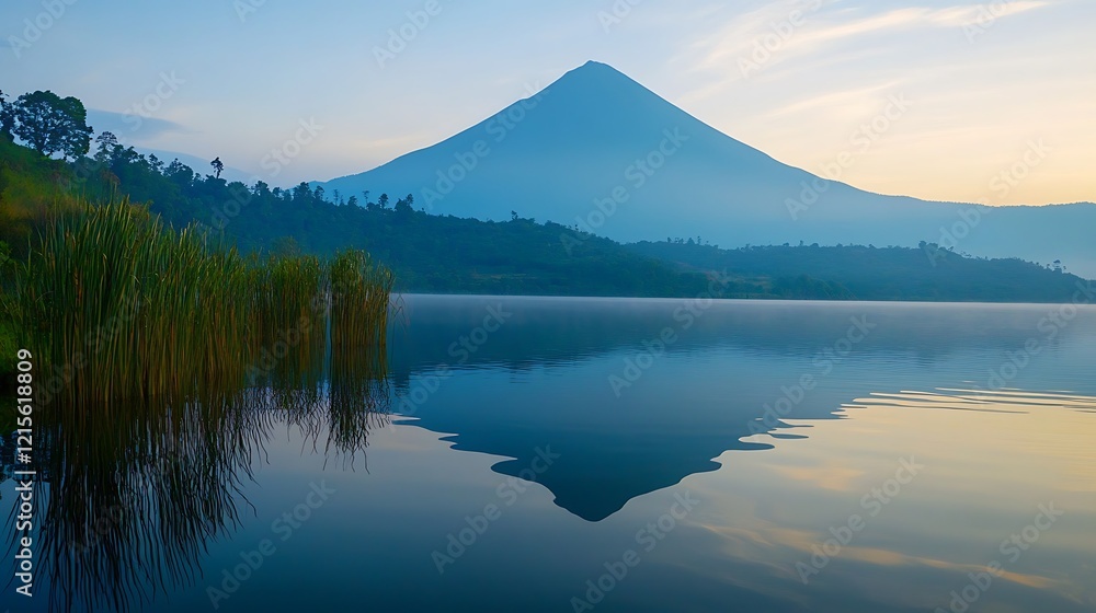 The volcanic mountain and its reflection captured in the calm waters of the lake The volcanic mountain and its reflection captured in the calm waters of the lake