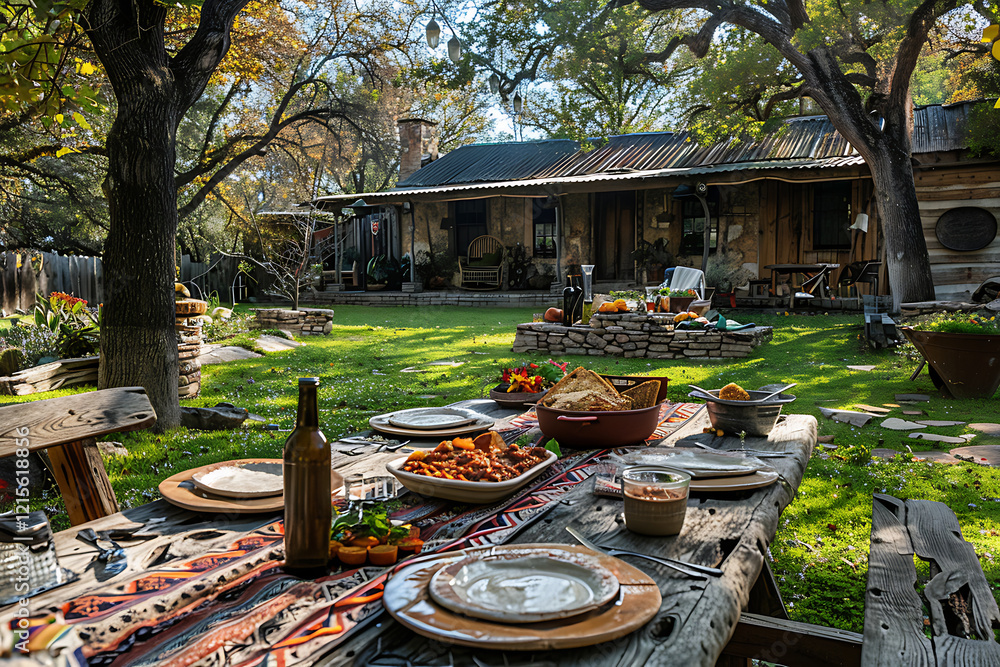 Obraz premium texas-themed bbq party, backyard adorned in ranch-style decor, chili and cornbread feast on the table, neighbors sharing tales of texas history