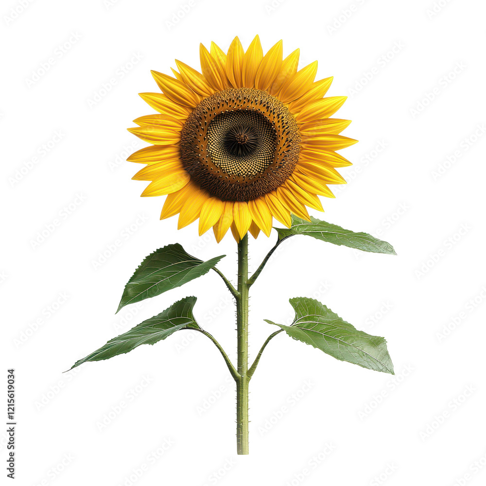 Obraz premium A vibrant sunflower with large yellow petals surrounding a dark, textured center, supported by a green stem and leaves, Transparent Background.