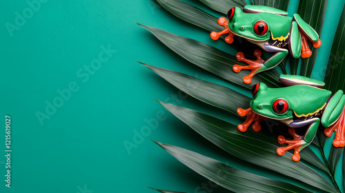 Vibrant green frogs on tropical leaves nature photography lush environment close-up view photo