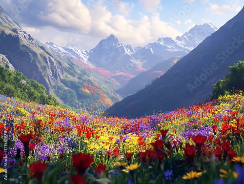 A scenic view of a flower-filled valley with towering mountains in the background photo