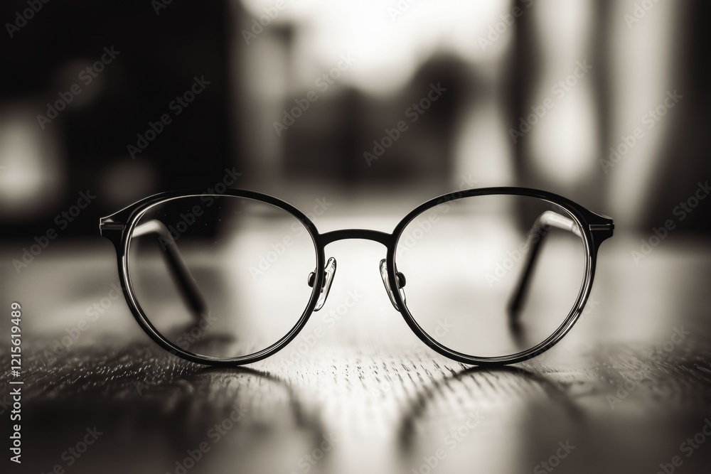 Round eyeglasses resting on a wooden surface. A blurry background suggests an indoor setting. Round eyeglasses resting on a wooden surface. A blurry background suggests an indoor setting.