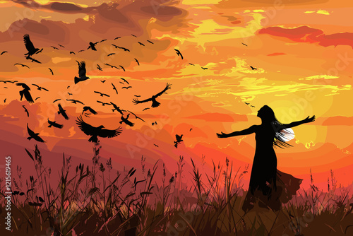 Silhouette of Woman Releasing Birds into Nature During Breathtaking Sunset, Symbolizing Hope and Freedom