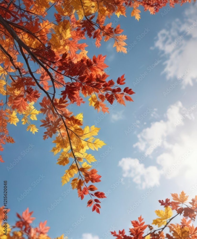 Colorful autumn leaves branch stretching towards the sky, leafy, autumn, fall Colorful autumn leaves branch stretching towards the sky, leafy, autumn, fall