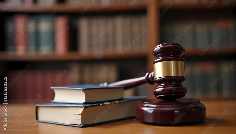 Close up of a law gavel lying on a stack of books on a wooden desk in a courtroom, symbolizing justice and legal concept Close up of a law gavel lying on a stack of books on a wooden desk in a courtroom, symbolizing justice and legal concept