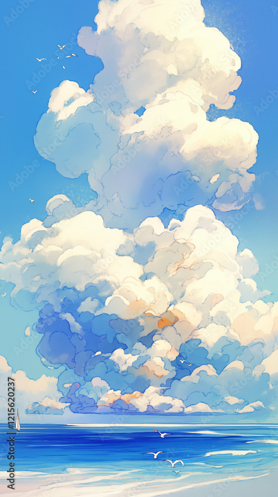 Fototapeta premium 鳥が行き交う美しい海のイラスト。1980年、1990年代の古く懐かしい日本のアニメをモチーフにしたイラスト。柔らかな水彩タッチで描いている。スマートフォン9:16のアスペクト比