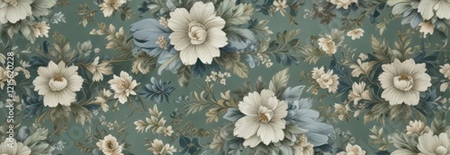 A repeating floral motif in muted greens and blues, mimicking the look of luxurious silk,  silk, floral,  pattern photo