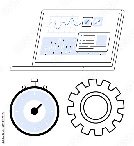 Laptop displaying graphs and charts, accompanied by a stopwatch and gear icon. Ideal for productivity, data analysis, performance measurement, efficiency improvement, time management, process