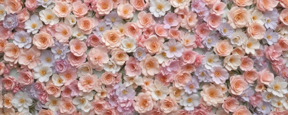 Artificial flower wall with delicate petals in pastel colors, garden backdrop, elegant design, vintage style decor Artificial flower wall with delicate petals in pastel colors, garden backdrop, elegant design, vintage style decor