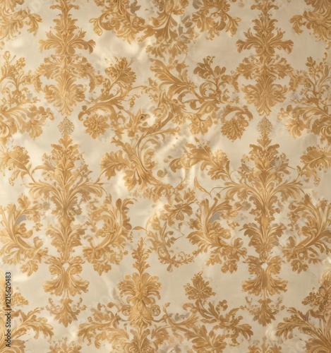 Damask print on a soft beige background with intricate floral patterns and gold accents,  design,  floral,  interior design