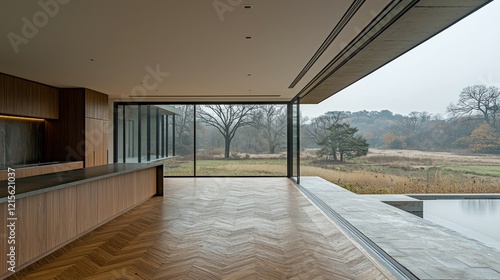 Wallpaper Mural Modern kitchen, open glass wall, misty nature view, poolside, interior design Torontodigital.ca