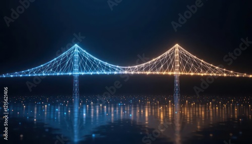 A glowing blue node structure forms a bridge over a reflective surface, creating a visually striking and futuristic scene. This image can be used for technology, architecture, or innovation themes