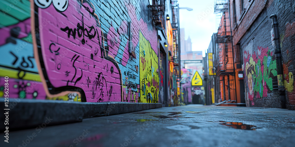 Fototapeta premium Graffiti-Covered Alleyway with Wet Pavement