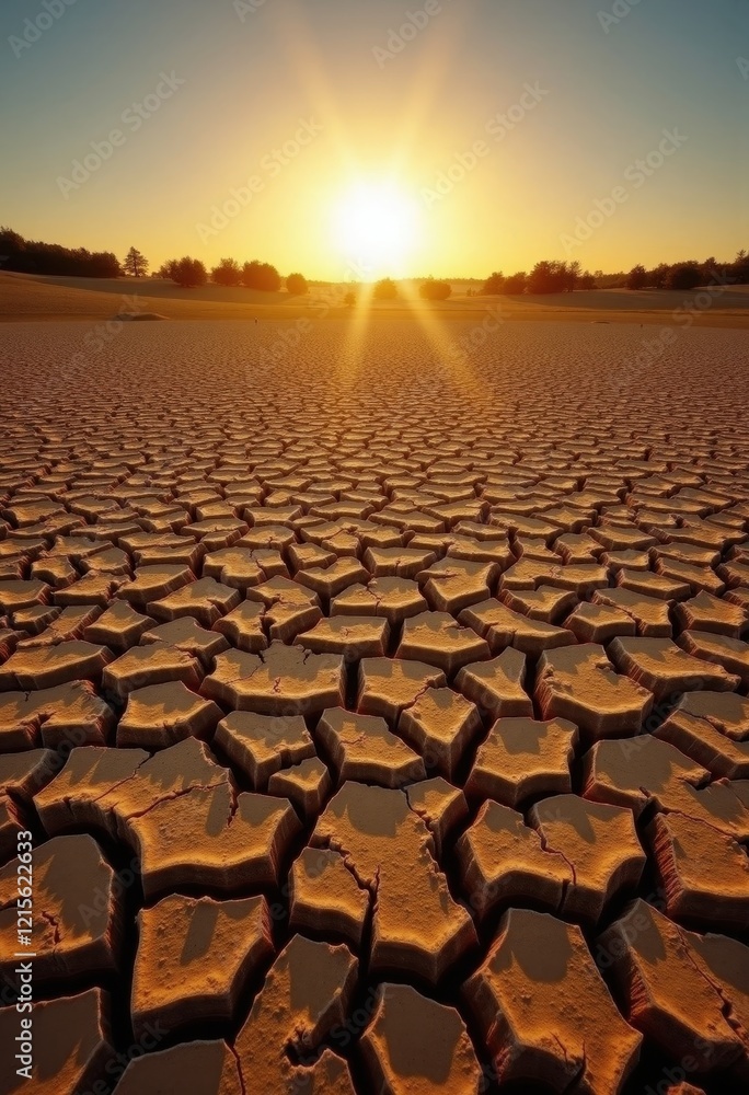 Fototapeta premium Sunset over a cracked, dry earth. A stark landscape showcasing the effects of drought and aridity. The setting sun casts long shadows across the parched ground.