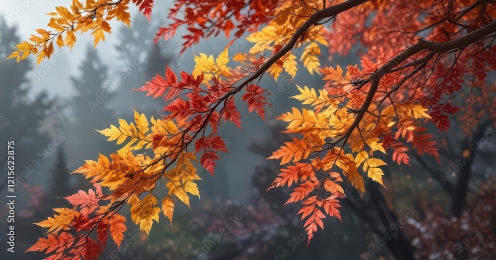 Colorful leaves on a branch, nature's vibrant display, fall landscape, tree branches, outdoor scenery Colorful leaves on a branch, nature's vibrant display, fall landscape, tree branches, outdoor scenery