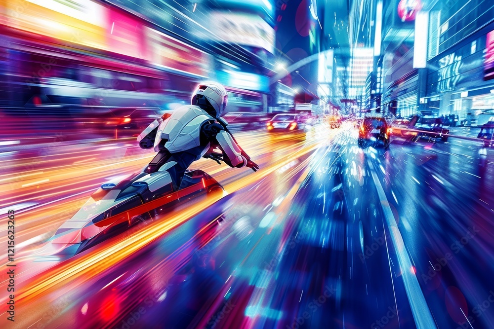 Fototapeta premium Futuristic night chase: police robot pursues in cyberpunk cityscape