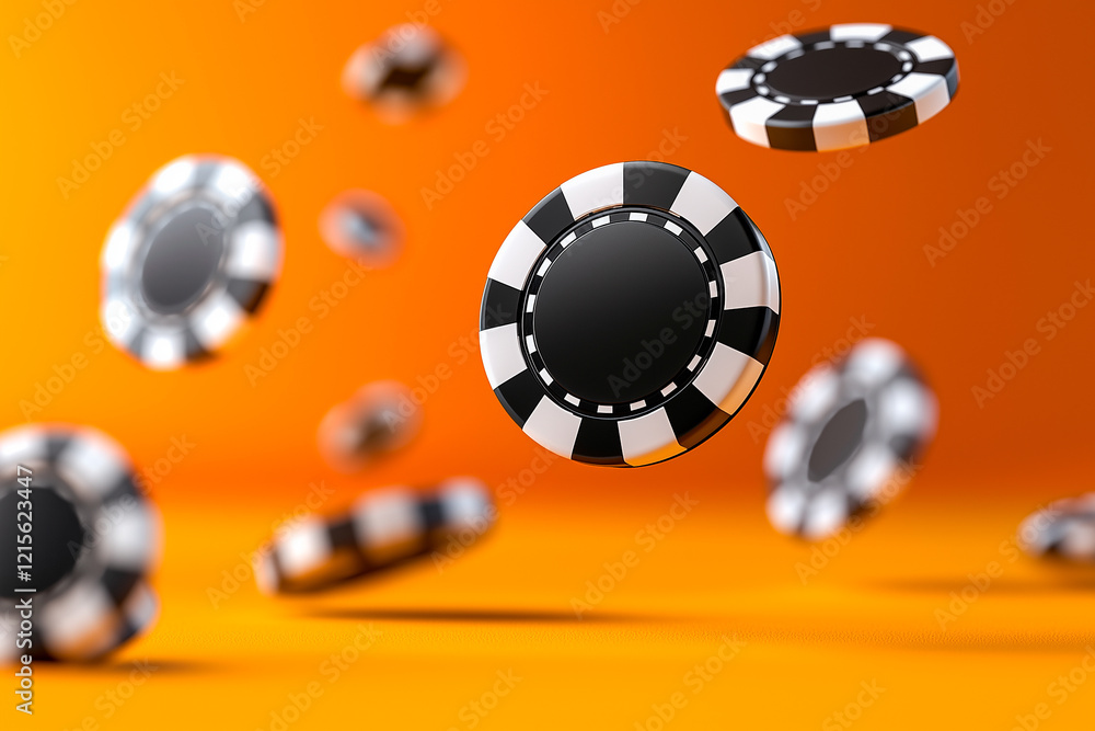 Black and White Casino Chips Falling on Orange Background