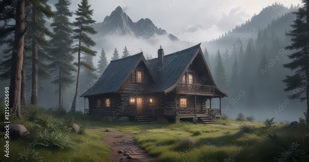 Fototapeta premium Dark wooden cabin in a secluded clearing surrounded by misty mountains and dark greenery, darkness, rural, misty