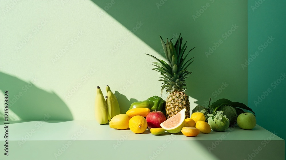 Still life arrangement with various fruits and a green bell pepper on a light green table Still life arrangement with various fruits and a green bell pepper on a light green table