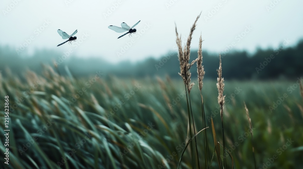 Obraz premium Two dragonflies hover gracefully over a windswept field under a misty sky, capturing a serene moment in nature.