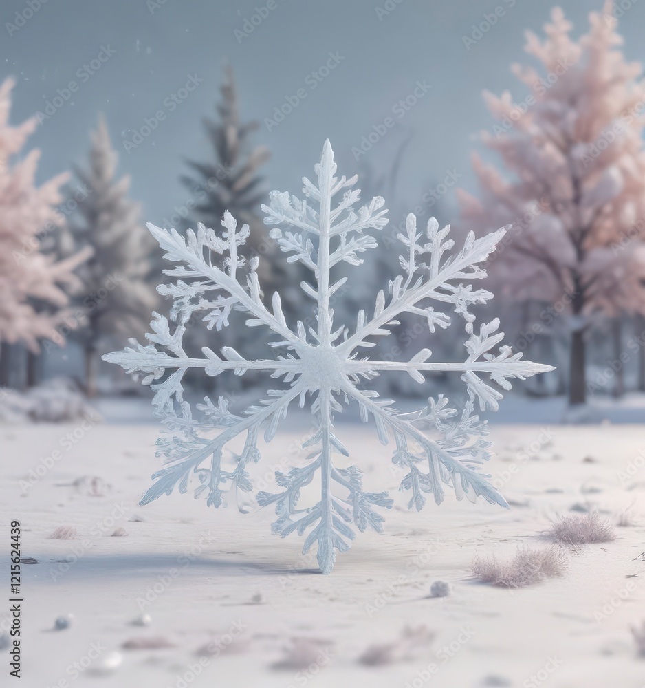 Fototapeta premium Delicate snowflake border surrounding a minimalist winter scene with soft pastel colors, whites and creams, frosted windows, ice crystals