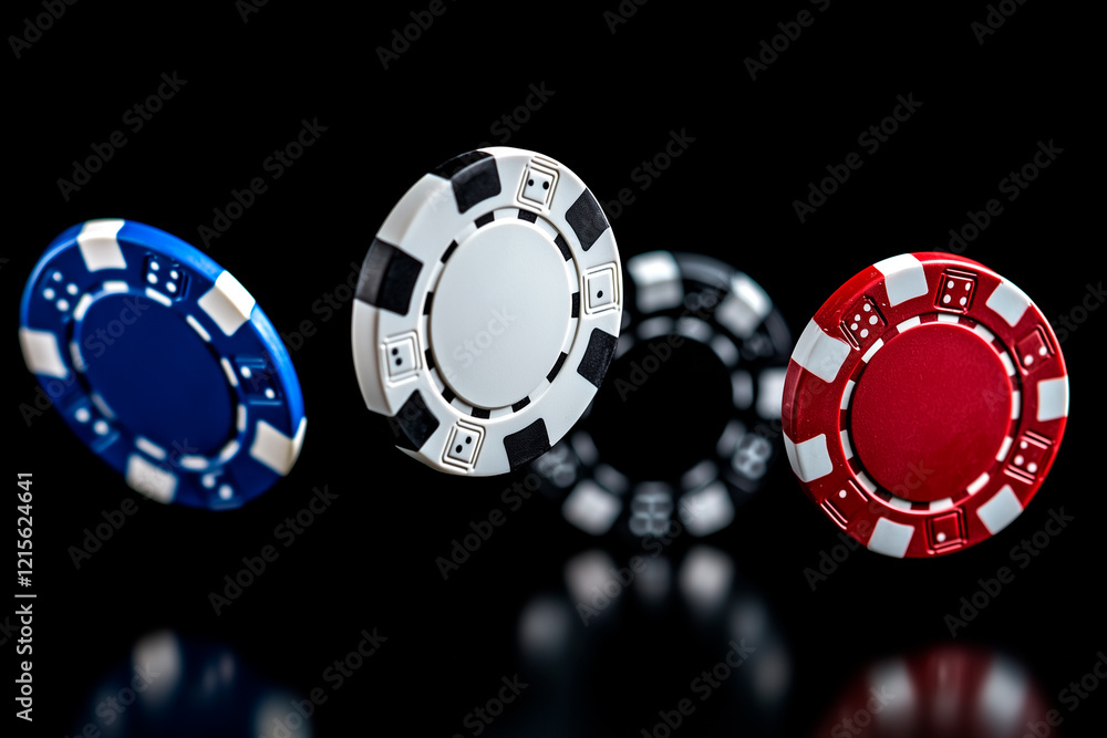Three Casino Chips in Motion Against Black Background Three Casino Chips in Motion Against Black Background