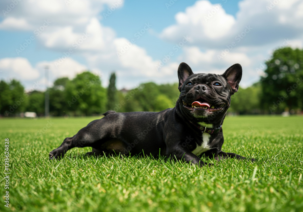 French Bulldog rolls around playfully in lush green grass French Bulldog rolls around playfully in lush green grass
